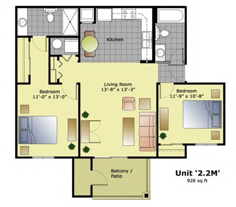 Floor plan for 2 beds, 2 baths, 926 sqft